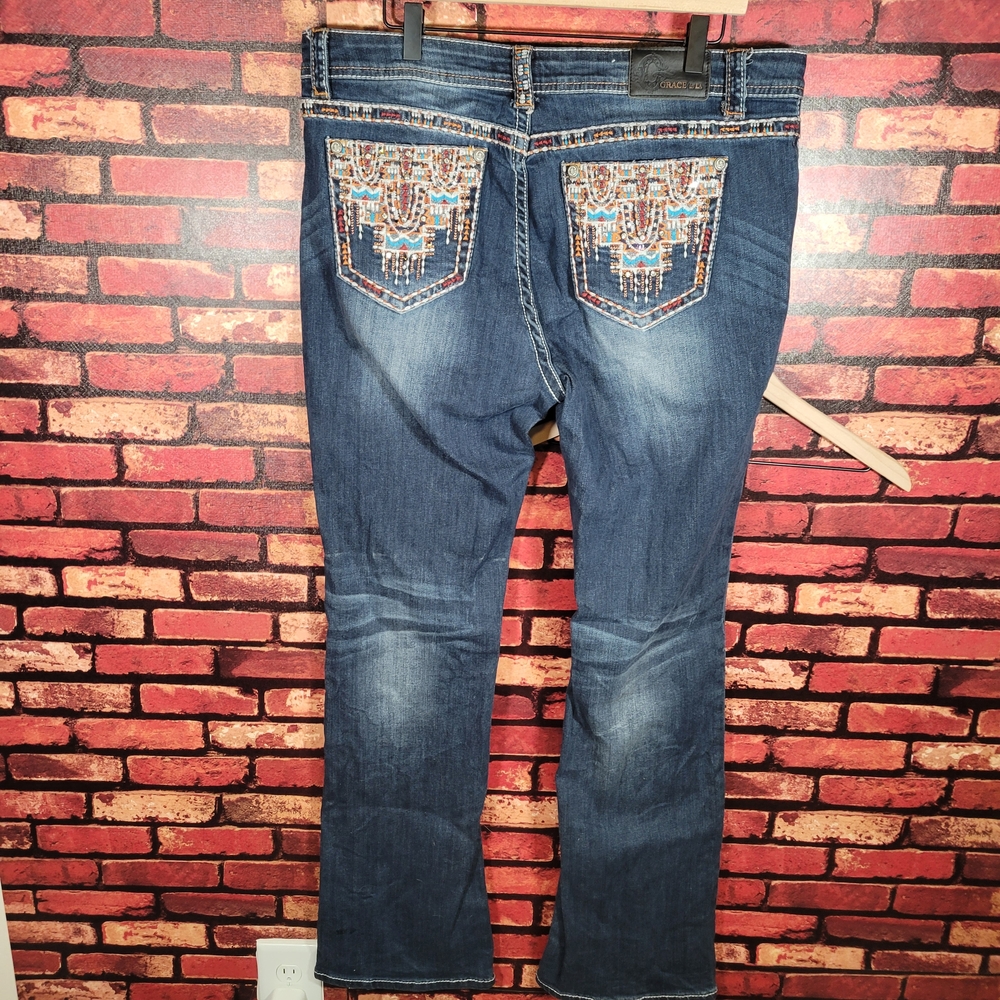 Grace in LA Women's Boot Cut Jeans - Dark Blue with Embellished Trim - Picture 5 of 7